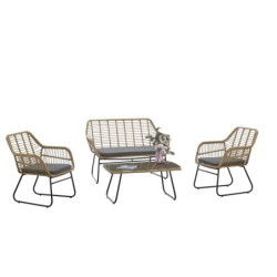Mesa KROYA, baja, metal, ratán, cristal, 93 x 53 cms